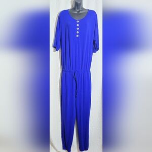 Womens Royal Blue Jumpsuit Drawstring/Pockets Size Large Short Sleeve
